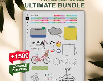 Grande pacote de adesivos para reMarkable Paper Pro e 2, centenas de adesivos coloridos, preto e branco e contornos em mais de 24 categorias, prontos para copiar e colar