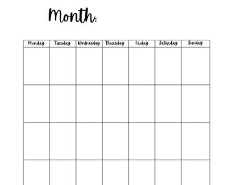 Blank Calendar Template, 8.5 x 11 inches, Vertical Printable Calendar Page, PDF Printable, Instant Download