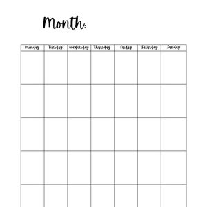 May include: A blank monthly calendar template with a white background. The word "Month:" is written in a cursive font at the top. Days of the week are listed across the top row, and the calendar grid is divided into squares for each day.