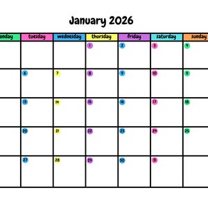 2026 Colourful Calendar, 12 Month, Dated, 11 x 8.5 inches, Horizontal Printable Calendar Page, PDF Printable, Instant Digital Download
