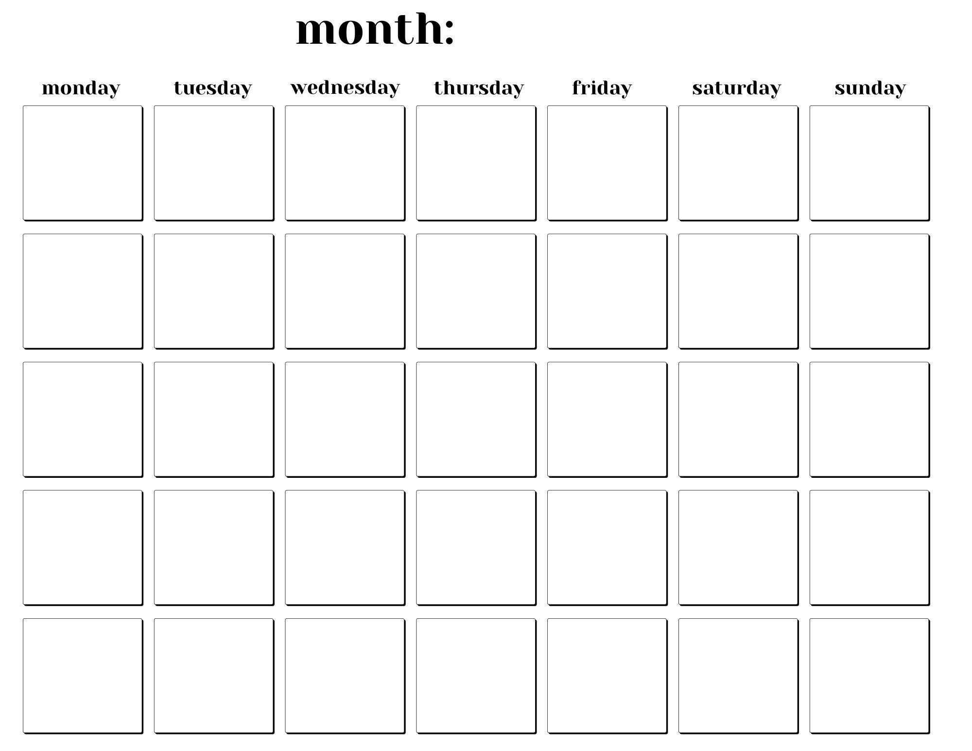 Blank Minimal Calendar Template, 11 X 8.5 Inches, Horizontal Printable