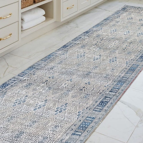 Neutral Turkish Runner Rug Vintage Beige Blue Medallion Boho Etsy