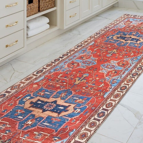 Neutral Turkish Runner Rug Vintage Beige Blue Medallion Boho Etsy