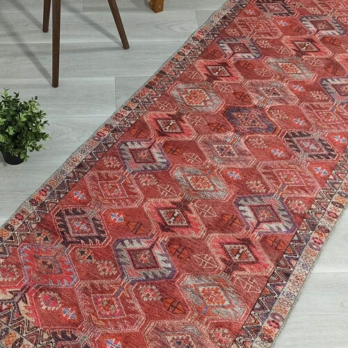 Red Turkish Runner Rug Vintage Style Runners Geometric Kilim Etsy