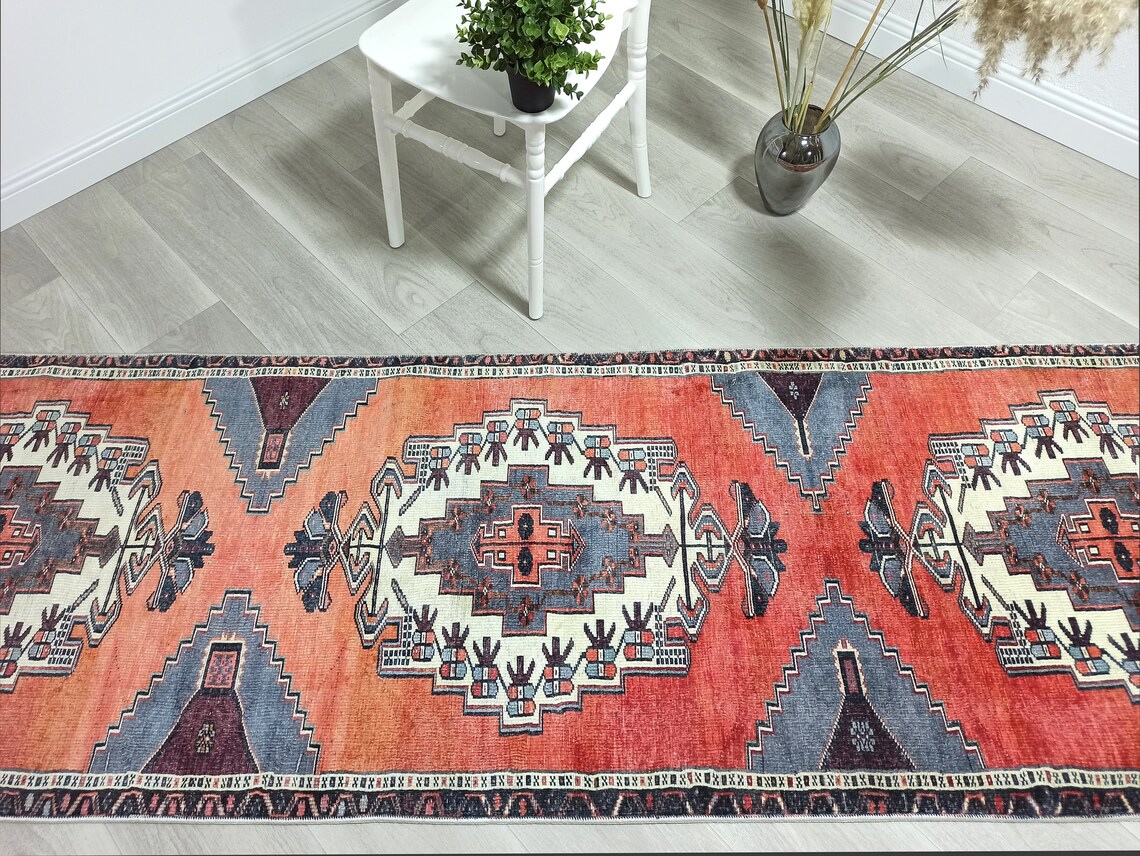 Turkish Runner Rug Vintage Brunt Orange Coral Red Hallway Etsy