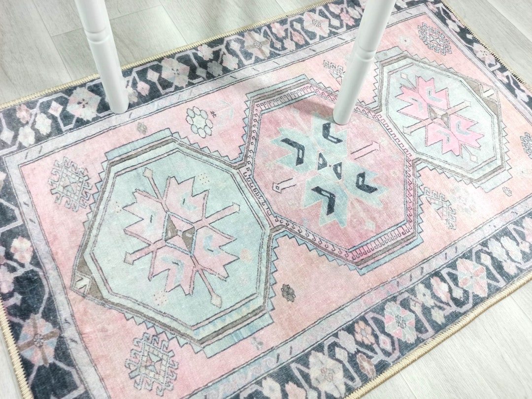 2x3 Turkish Rug Pink Gray Vintage Grey Geometric Entryway Etsy