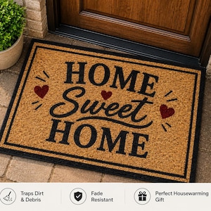 Zerbino "Home Sweet Home", Zerbino di benvenuto, Tappeto d'ingresso in stile rustico, Regalo per l'inaugurazione della casa, Zerbino basso per interni ed esterni