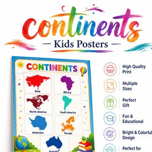 Poster med 7 kontinenter för barn | Världskarta, geografi | Poster med kontinenter som lärande | Väggkonst för klassrummet | Hemundervisningsdekoration, allt utan ram