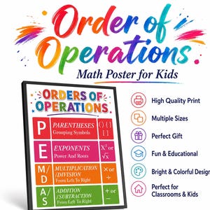 Puede incluir: Un póster educativo enmarcado titulado Order of Operations, que presenta un gráfico PEMDAS con filas codificadas por colores para paréntesis, exponentes, multiplicación/división y suma/resta, junto con iconos de impresión, tamaño, regalo, educación y diseño.