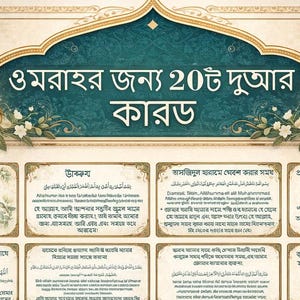 Puede incluir: Un póster beige con texto en idioma extranjero, probablemente árabe, e imágenes de la Kaaba y mezquitas. El póster tiene una cuadrícula de cuadros de texto y adornos florales.