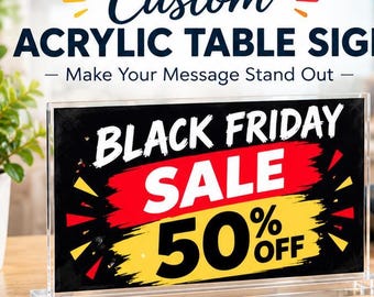 Cartello da tavolo in acrilico, espositore personalizzato per il Black Friday in trasparente