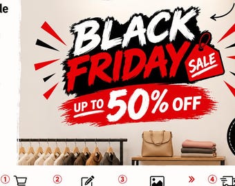 Adesivo murale per i saldi del Black Friday, fino al 50% di sconto per negozi al dettaglio, cartello di saldi rosso e nero, allestimento per vetrine durante le festività.