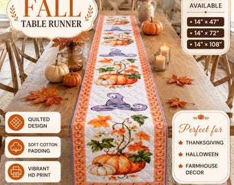 Fall Quilt Table Runner, Pumpkin Table Runner, Thanksgiving Table Decor, Farmhouse Autumn Dining Table Runner, Halloween Kitchen Decor