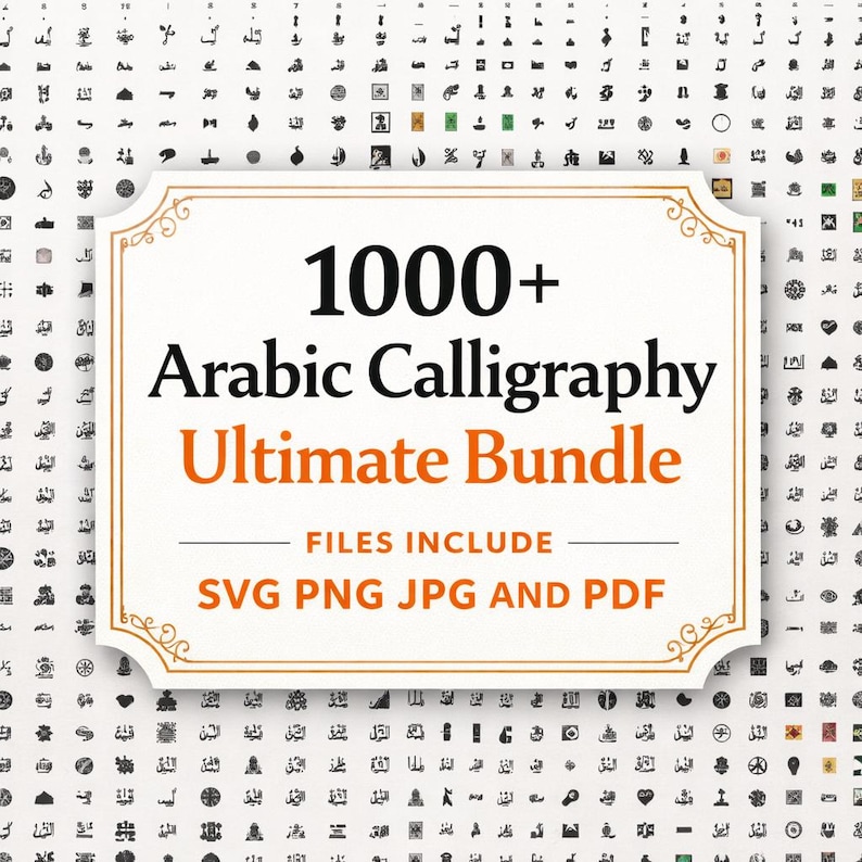 May include: A digital art bundle with over 1000 Arabic calligraphy designs. The image text says "1000+ Arabic Calligraphy Ultimate Bundle" and includes SVG, PNG, JPG, and PDF files. The background is filled with various Arabic symbols.