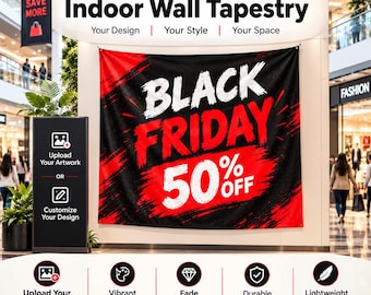 Striscione personalizzato per i saldi del Black Friday, arazzo personalizzato per negozi al dettaglio, cartello da parete per sconti aziendali, arazzo per interni con il 50% di sconto per il Black Friday.