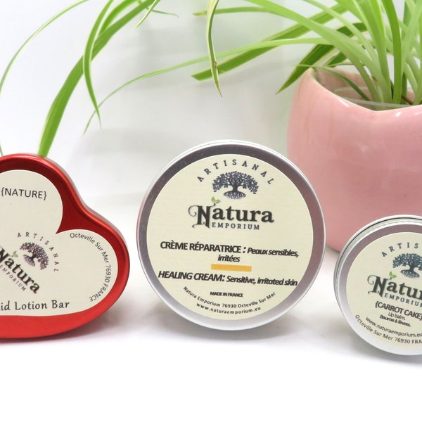 Coffret mini Natura pour soin la peau | Crème curative, beurre corporel & baume à lèvres | Taille voyage/ poche - Cadeau Fête des Mères