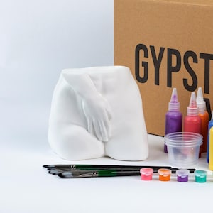 Könnte beinhalten: Ein Bastelset mit einem braunen Karton mit der Aufschrift "GYPSTER", einer weißen Gipsplastik, Farbtuben in verschiedenen Farben, Pinseln, einem kleinen Plastikbecher und rosa Verpackungschips. Ideal für kreative Projekte.