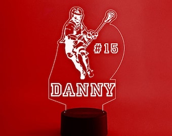 Personalized Lacrosse Player Led Night Light with 16 Colors, Remote Control, sports team, league, trophy, travel team