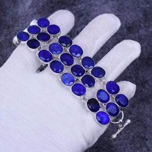 Faceted Blue Sapphire Bracelet: 925 Sterling Silver Adjustable Charm