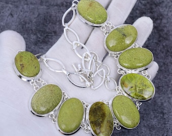 Handmade Green Opal 925 Sterling Silver Necklace - Bohemian Bridal Jewelry