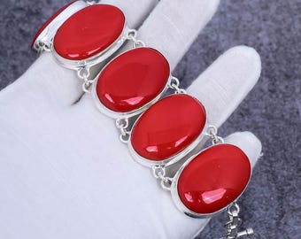 Red Coral Sterling Silver Bracelet: Handmade Bohemian Jewelry