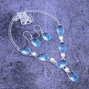 Blue Topaz Sterling Silver Jewelry Set: Handmade Necklace & Earrings