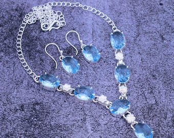Blue Topaz Sterling Silver Jewelry Set: Handmade Necklace & Earrings