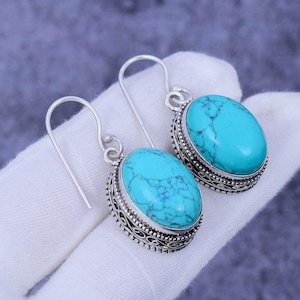 Blue Turquoise 925 Sterling Silver Drop Earrings