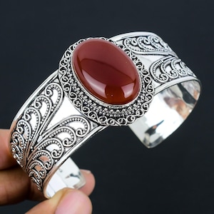 Carnelian 925 Sterling Silver Bangle , Vintage-Inspired Silver Cuff Bracelet, Carnelian  Adjustable Bracelet For Christmas Gifts For Love