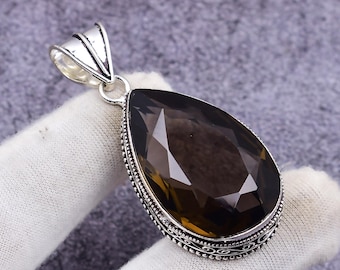 Faceted Smoky Quartz Handmade Vintage Pendant: 925 Sterling Silver Gemstone Bohemian Jewellery