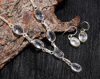 Handmade Sterling Silver White Topaz Jewelry Set: Necklace & Earrings