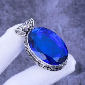 London Blue Topaz Pendant: Handmade 925 Sterling Silver Bohemian Jewelry