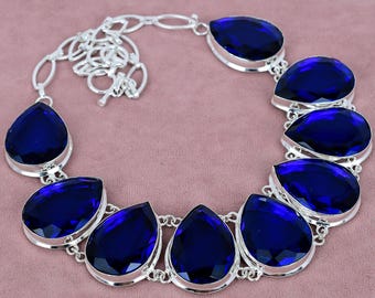 Blauer Saphir Sterling Silber Halskette: Boho Brautschmuck