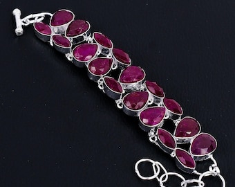 Kashmiri Ruby Bracelet, 925 Sterling Silver Adjustable Chain, Handmade