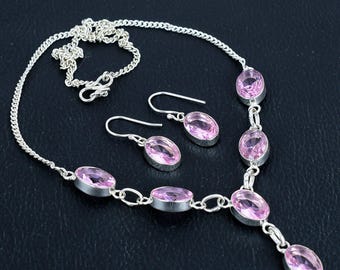 Faceted Pink Kunzite Necklace Earring Set: Handmade Sterling Silver Jewelry