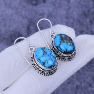 Tibetan Turquoise 925 Sterling Silver Dangle Earrings: Vintage Cabochon Jewelry