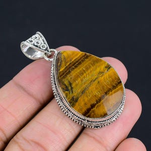 Handmade Tiger&#39;s Eye Pendant: 925 Sterling Silver Plated Vintage Jewelry