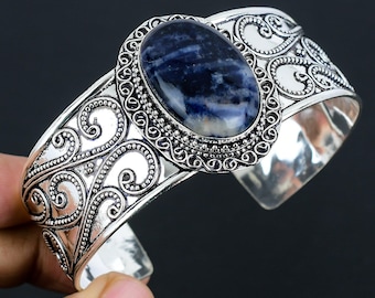 Sodalite Sterling Silver Cuff Bangle, Vintage Gemstone Jewelry