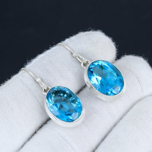 Swiss Blue Topaz Earrings: 925 Sterling Silver Drop Dangle Jewelry