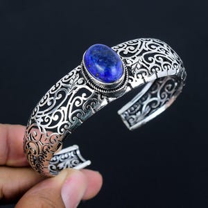 Lapis Lazuli Gemstone Cuff Bracelet Natural Gemstone 925 Sterling Silver Jewelry Handmade Bangle Designer Jewelry Cuff Bangle Birthday Gifts