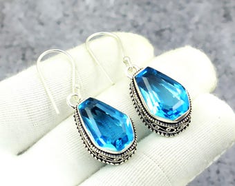 Swiss Blue Topaz Gemstone Earring 925Sterling Silver Dangle Earrings: Vintage Handmade Jewelry