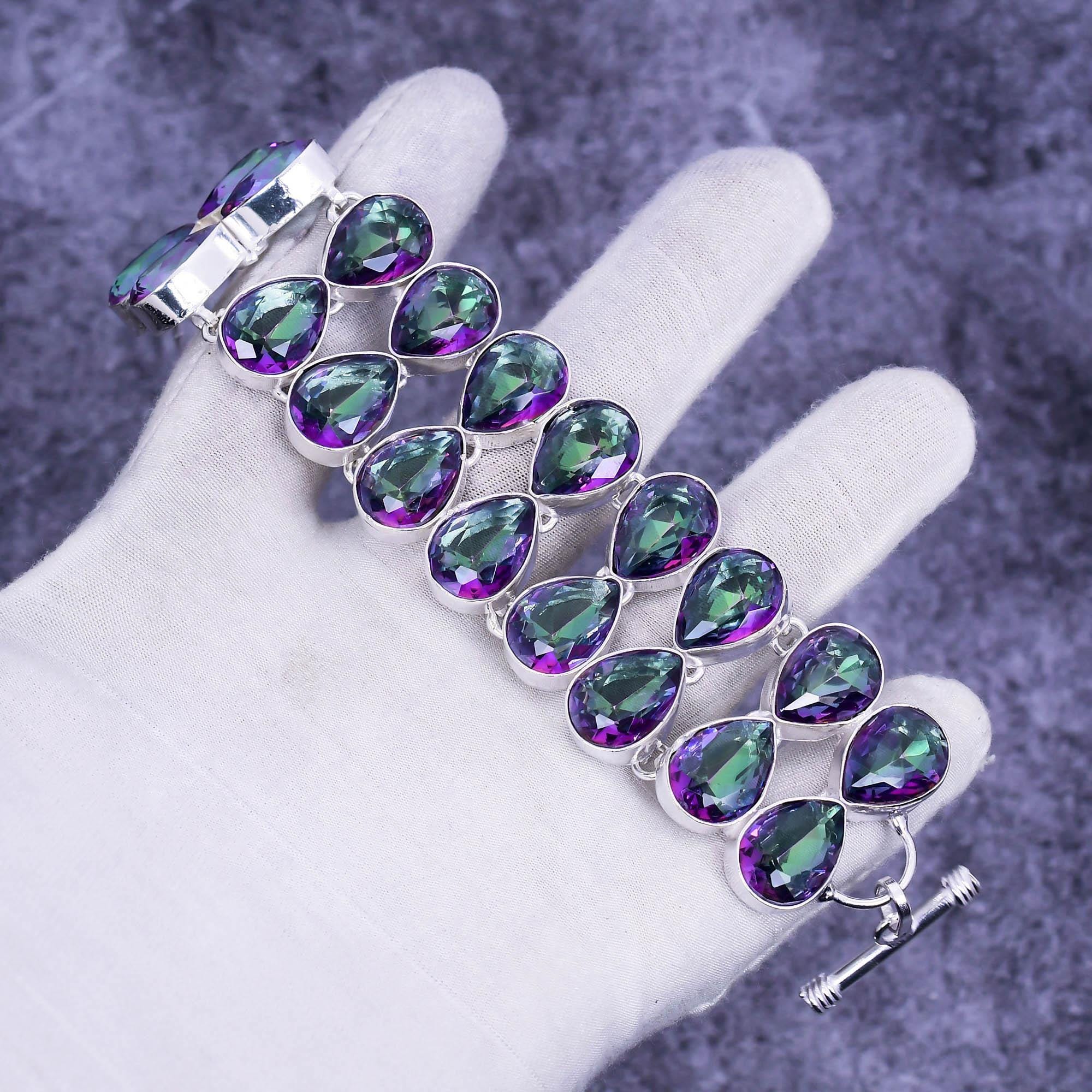 thumbnail image 2 of Oval Cut Rainbow Mystic Topaz Women's Charm Bracelet - Silver-Tone, Adjustable 2 of 6