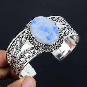 Moonstone Gemstone Bangle | Handmade 925 Sterling Silver Bangle | Rainbow Moonstone Jewelry | Adjustable Gemstone Cuff | Bohemian Bangle