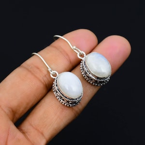 Oval Rainbow Moonstone Sterling Silver Dangle Earrings: Handmade Vintage Style