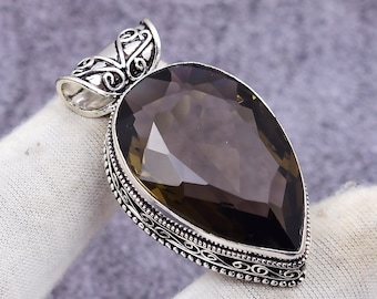 Smoky Quartz Gemstone Pendant: 925 Sterling Silver Handmade Bohemian Jewelry