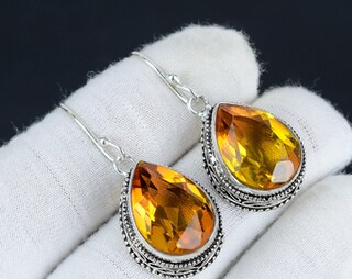 Orecchini Pendenti In Argento 925 Placcato Oro Con Citrino Naturale Giallo