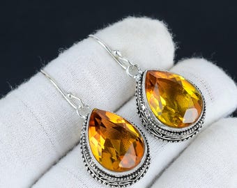 Orecchini Pendenti In Argento 925 Placcato Oro Con Citrino Naturale Giallo