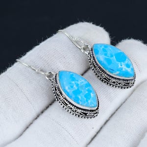Larimar Gemstone Earrings, Solid 925 Sterling Silver Earrings, Larimar Drop Dangle Earrings, Rare Gemstone Earrings, Earrings For Her