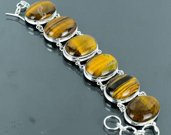 Tiger Eye 925 Sterling Silver Bracelet, Adjustable Gemstone Jewelry