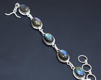 Pulsera ajustable de labradorita, joyería artesanal de plata de ley 925